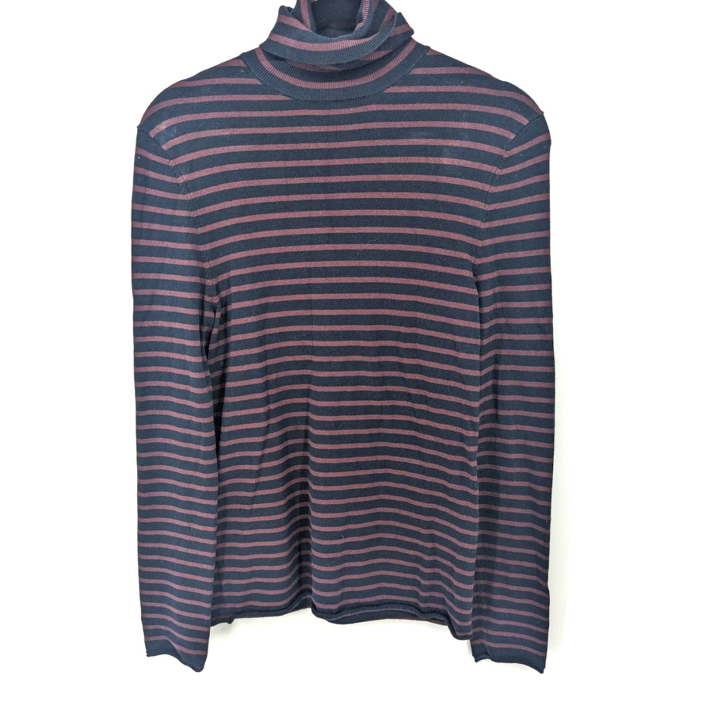 Zara Sweater Women Large Blue Turtleneck Pullover Knit Stripe Long Sleeve Top